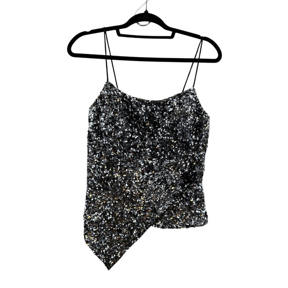 Cache Tops - Vintage 90s Cache Sequin Top Party Asymmetric Tank Black Silver M Glam Rock